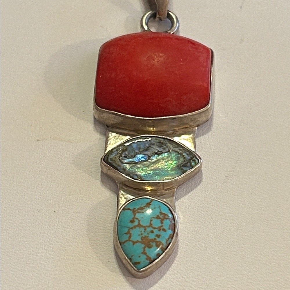 Artisan Silver Pendant of Red Coral, Turquoise & Abalone